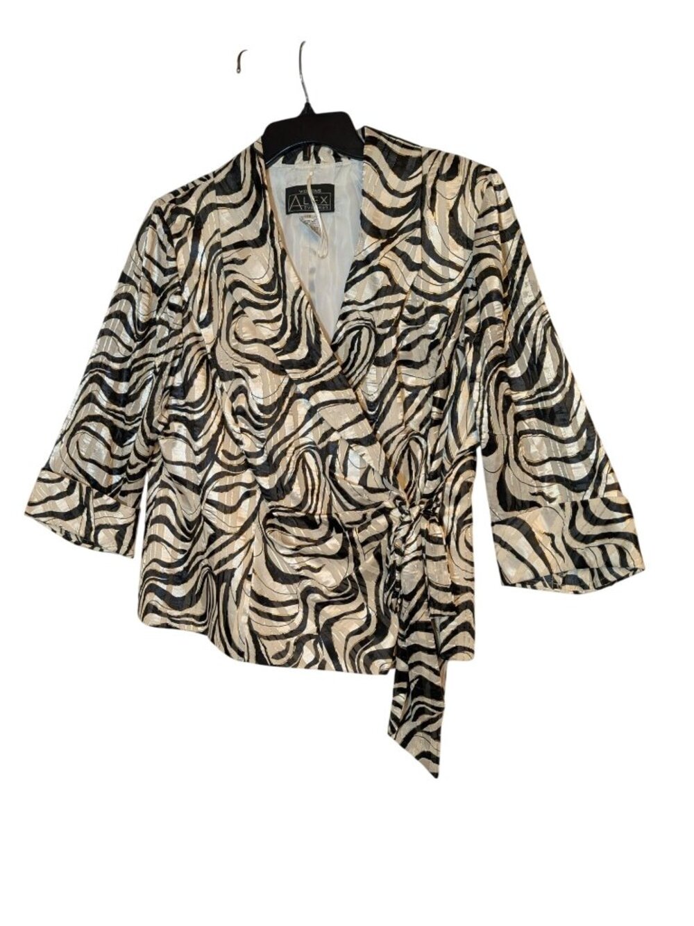 Alex Evenings Zebra Print Faux Wrap Jacket 1X Metallic Black White Gold 3/4 Slee